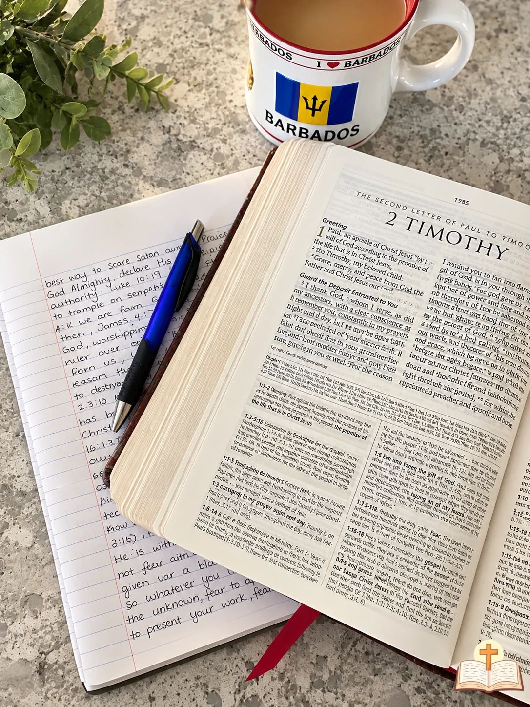 Open Bible for a Christian devotional about 2 Timothy 1:7 and overcoming fear.