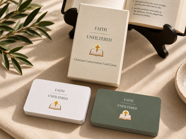 Faith Unfiltered card game box, cards, and open Bible styled in warm sunlight