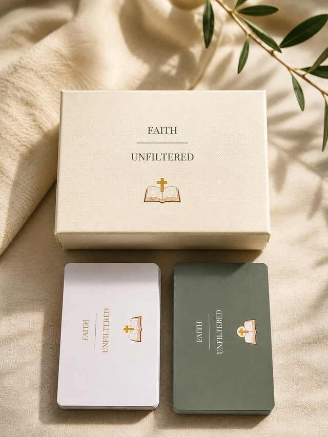 Faith Unfiltered product post showing the box, light deck, green deck, and what's inside
